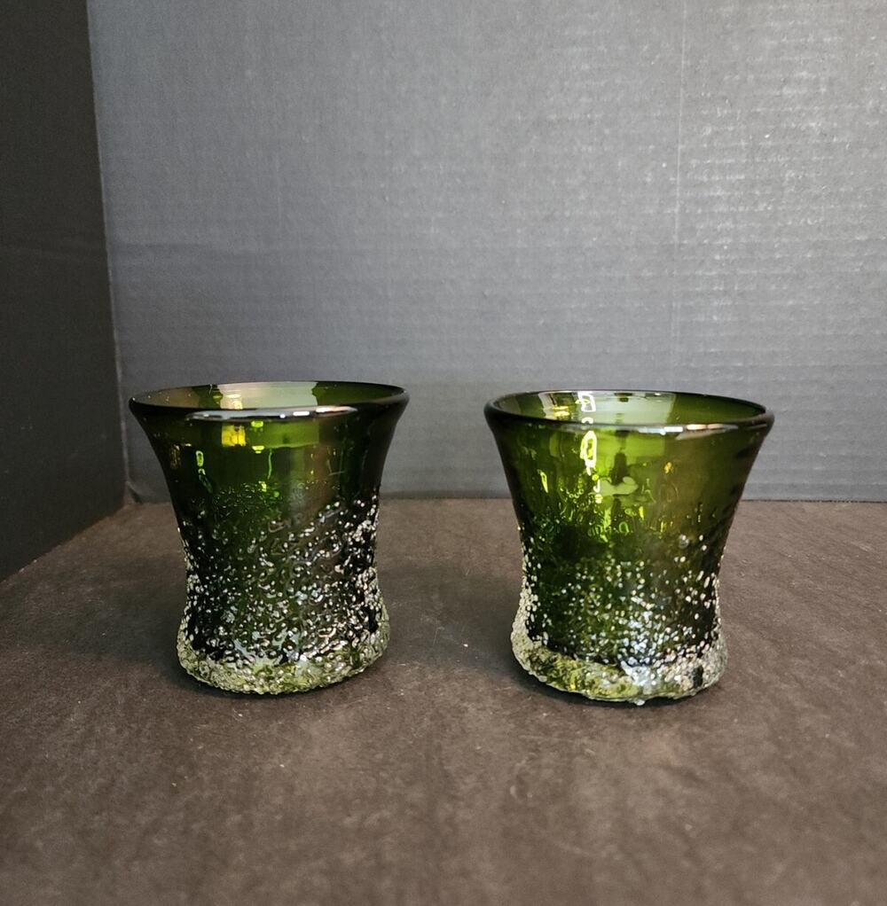 Hand Blow Art Glass Frit Overshot Green 2 Votive Candle Holders, Vases, Juice